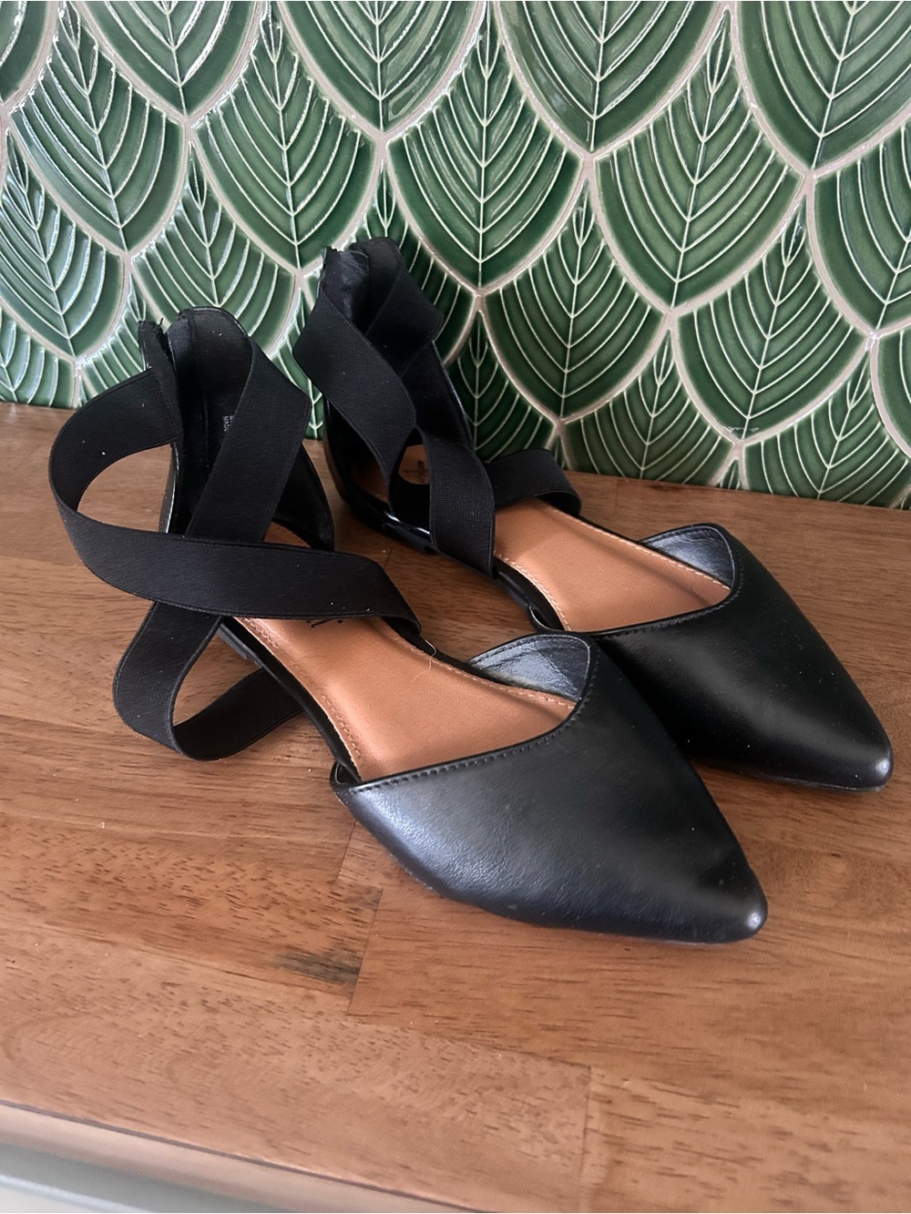 Black Pointed Toe Ankle Wrap Flats